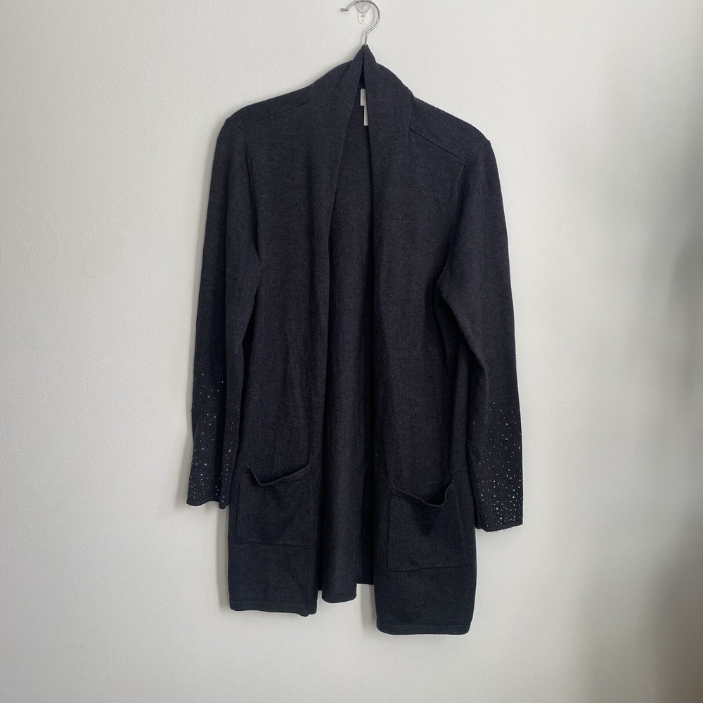 Chicos Womens Cardigan Sz 1 (8/10) Gray Open Front‎ Long Sleeve Pockets